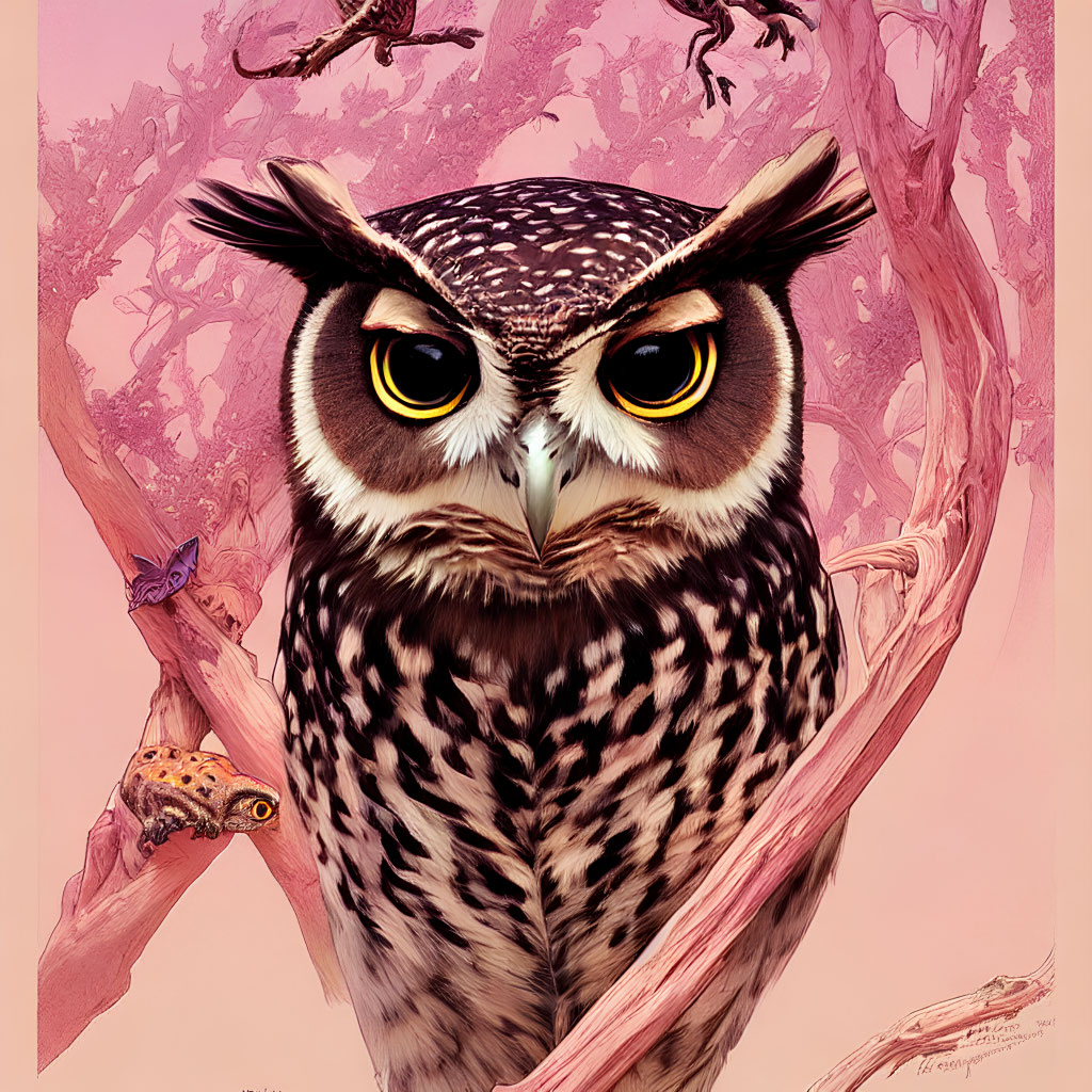 Illustrated owl with yellow eyes on branch in pink forest with frog and butterfly