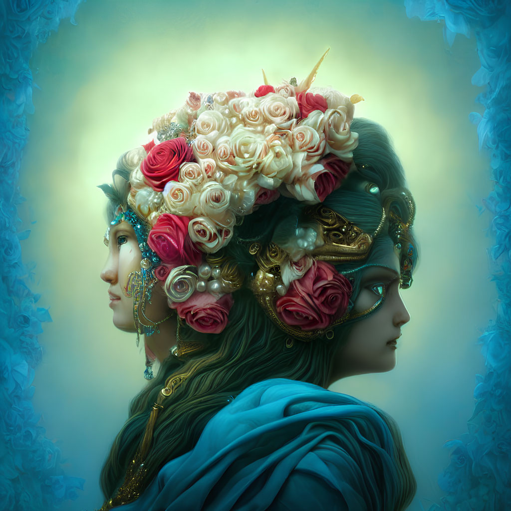 Stylized female faces with floral headdress and teal drapery on blue backdrop