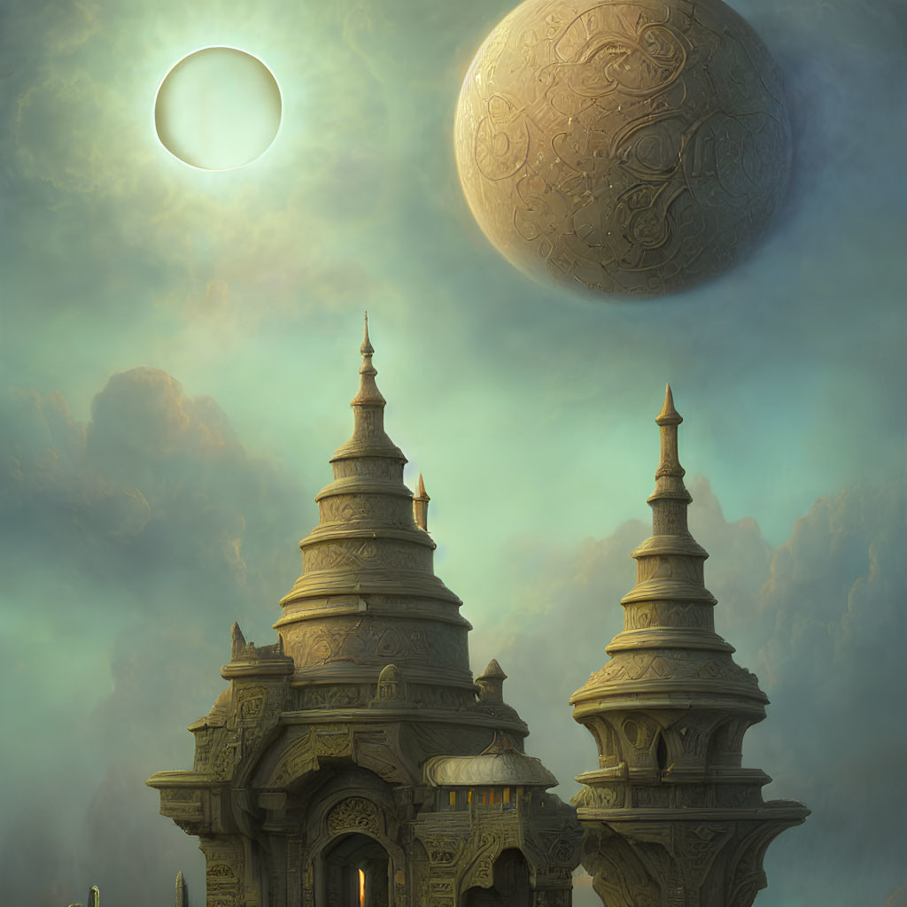 Ancient ornate temples under surreal sky with eclipse and mysterious floating orb