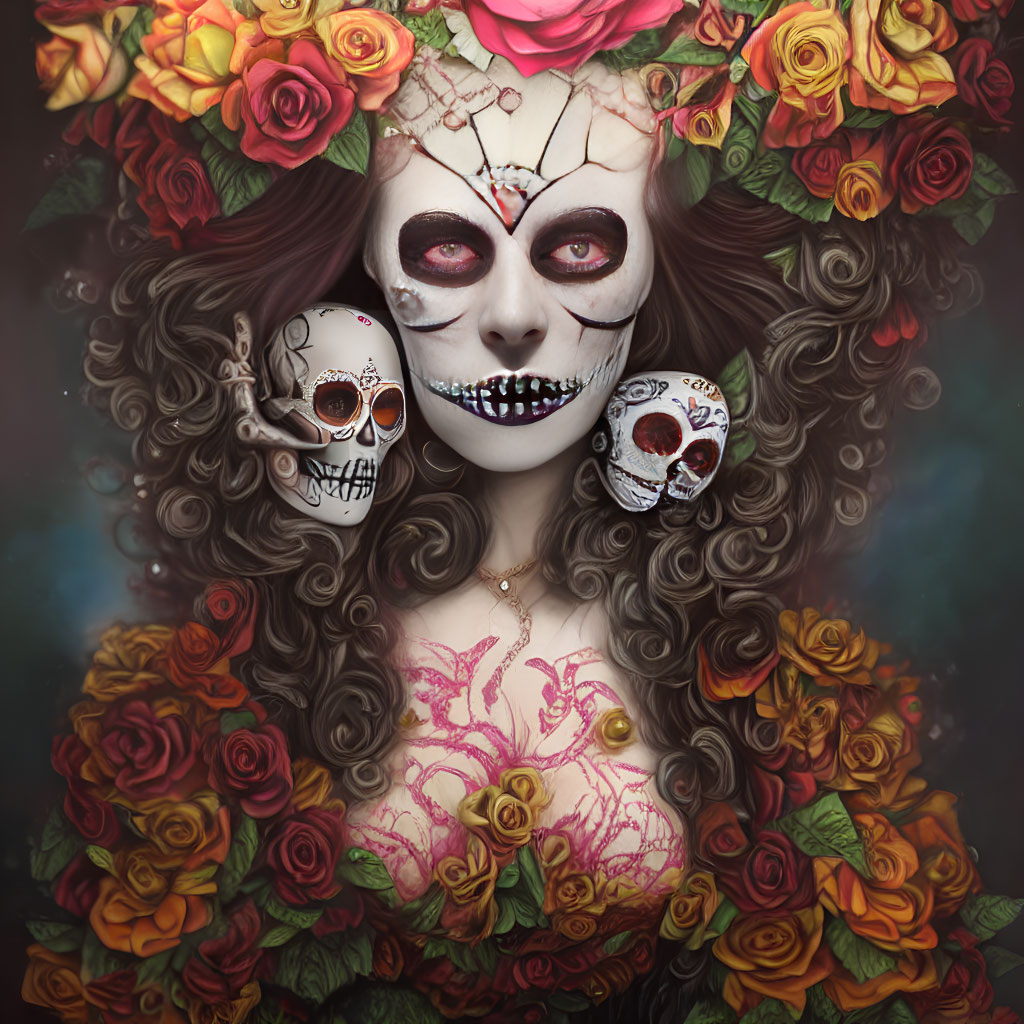 Extravagant Day of the Dead makeup with skull masks and roses on dark hair