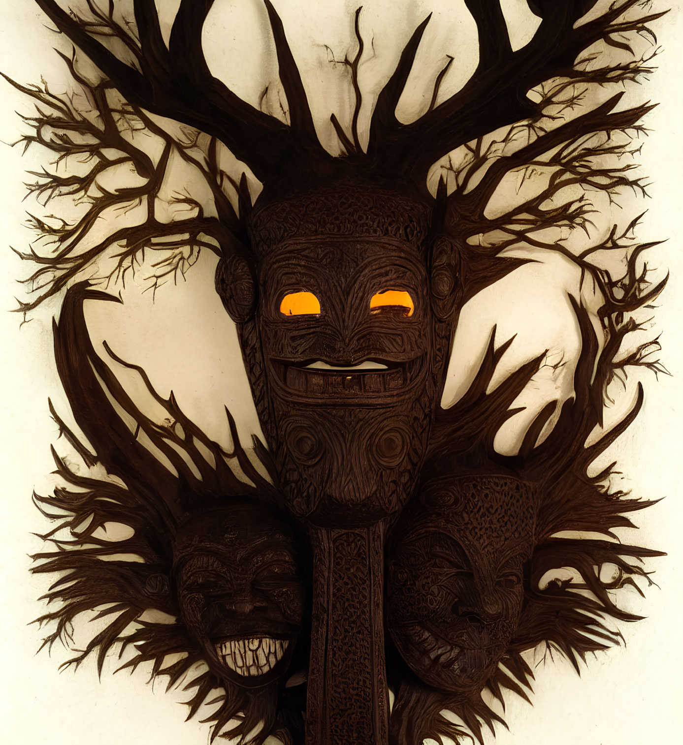 Detailed wood carving of a tree with face, roots, and glowing eyes.