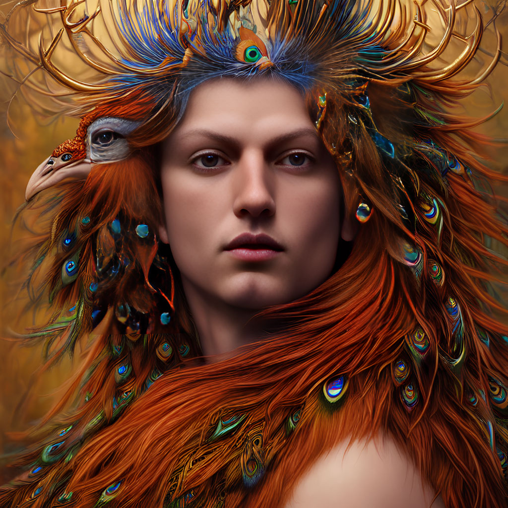 Person with Peacock Feathers in Hair, Fierce Gaze & Vibrant Display