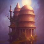 Fantasy palace with ornate domes under glowing full moon in mystical purple haze