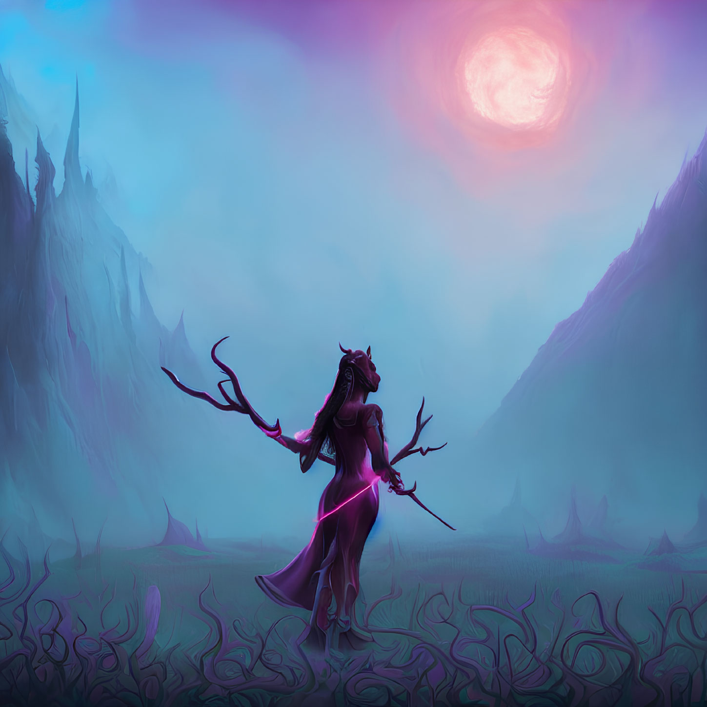 Mystical humanoid with horse head in purple landscape