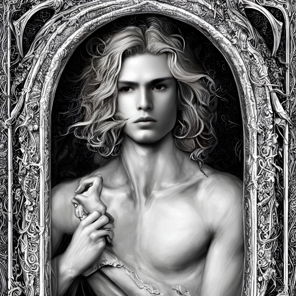 Monochrome portrait of bare-chested man with feather in gothic arch frame