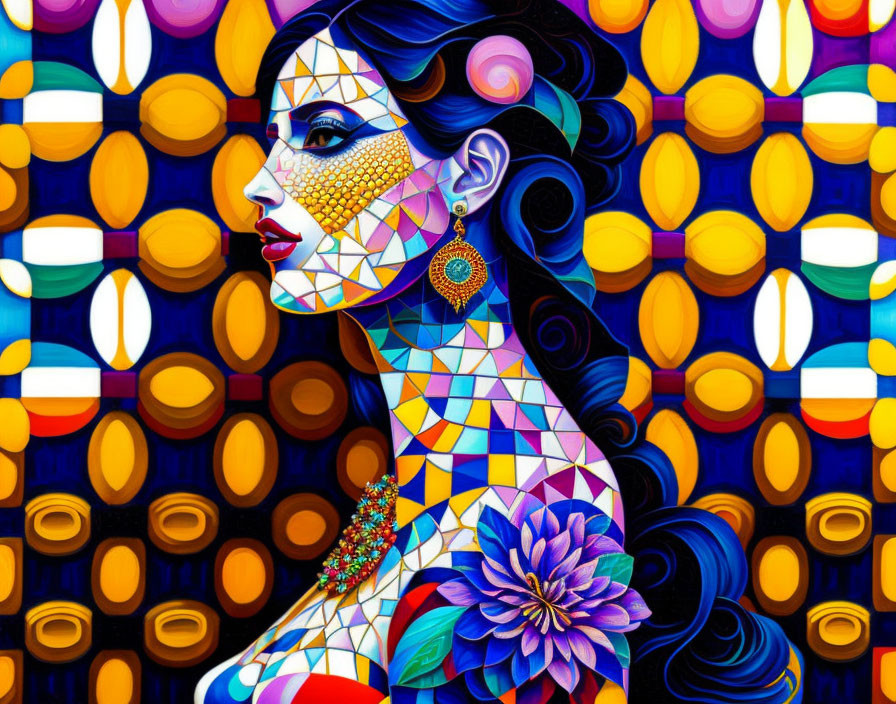 Colorful Portrait of Woman with Geometric and Floral Patterns