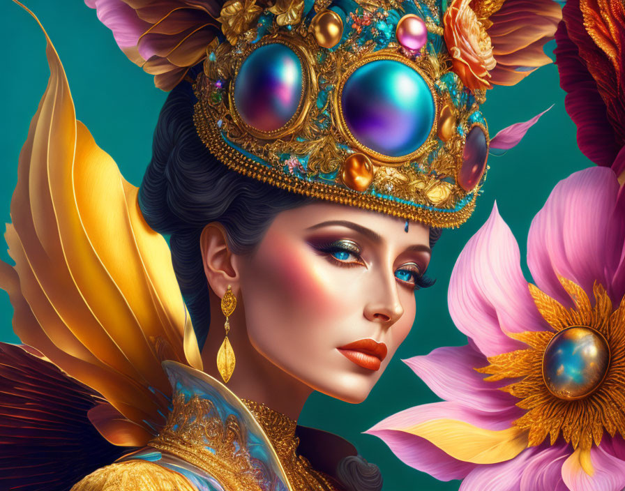 Digital painting of woman with ornate golden crown and vibrant floral surroundings