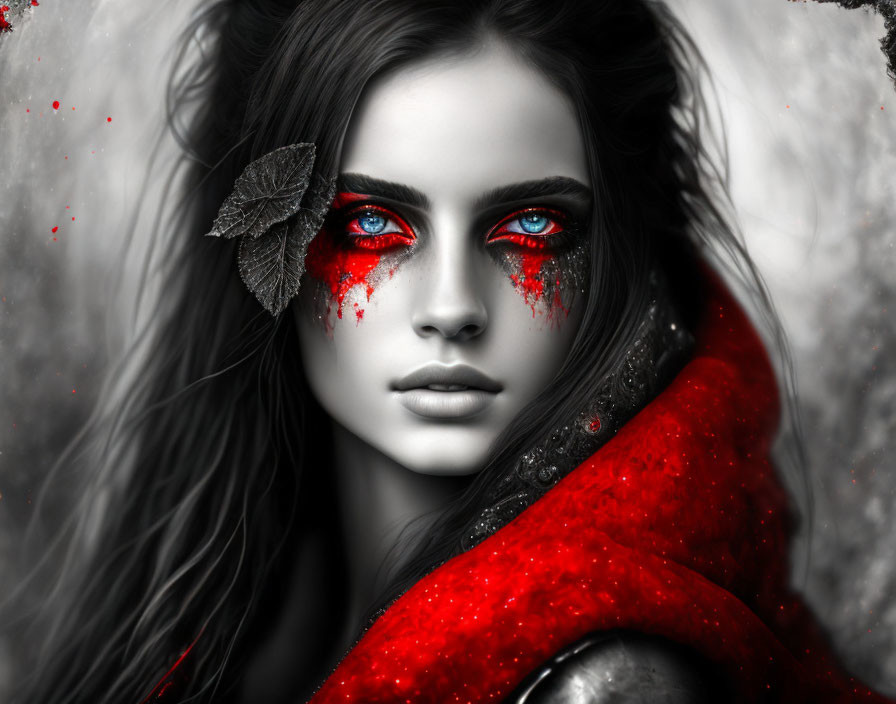 Portrait of woman with red eyes, paint-like makeup, leaf, and red cloak in monochrome setting