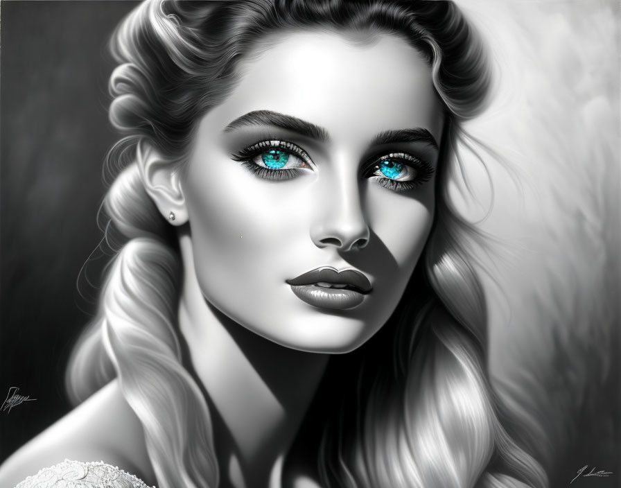 Detailed Monochrome Portrait of Woman with Blue Eyes and Wavy Hair