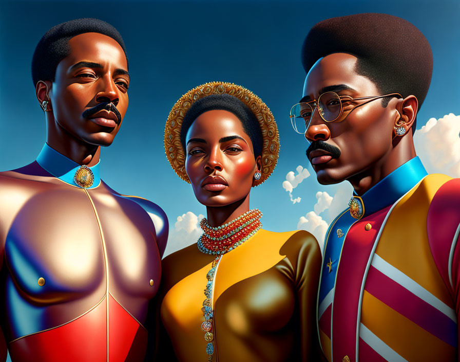 Stylized characters in striking attire and hairstyles against blue sky