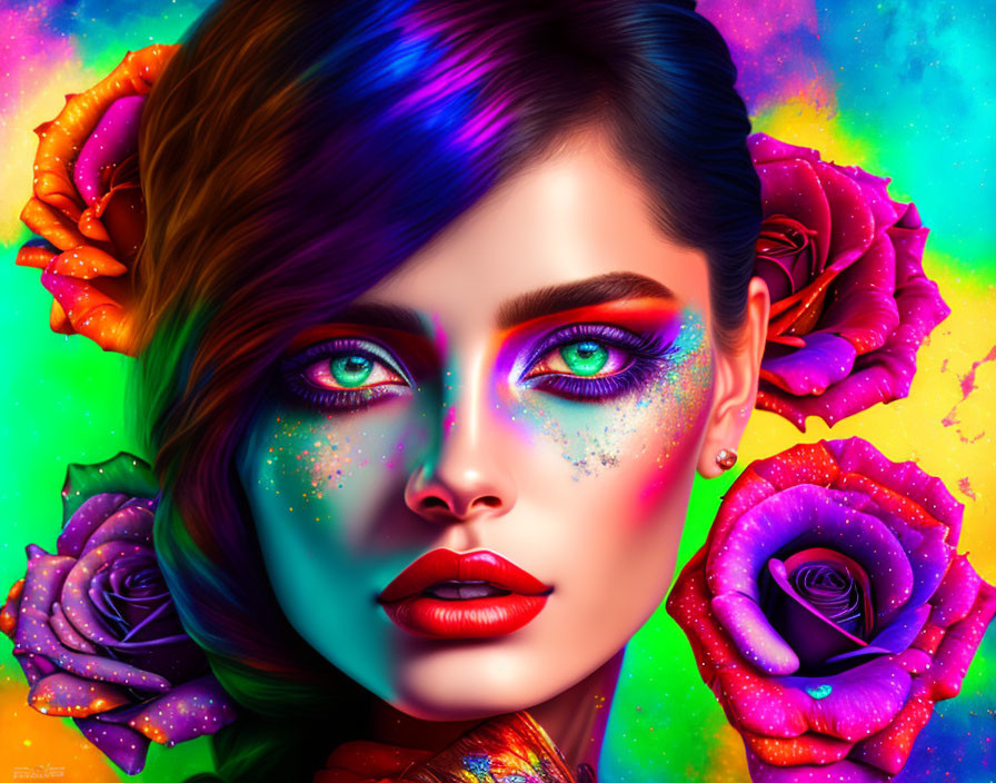 Colorful digital art of a woman with neon roses and sparkles