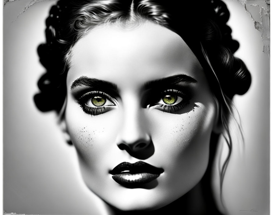 Monochrome portrait of a woman with green eyes and bold makeup