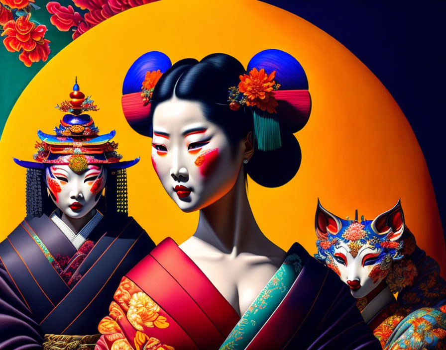 Colorful digital art: Three figures in Geisha makeup and attire with floral and mask motifs under a