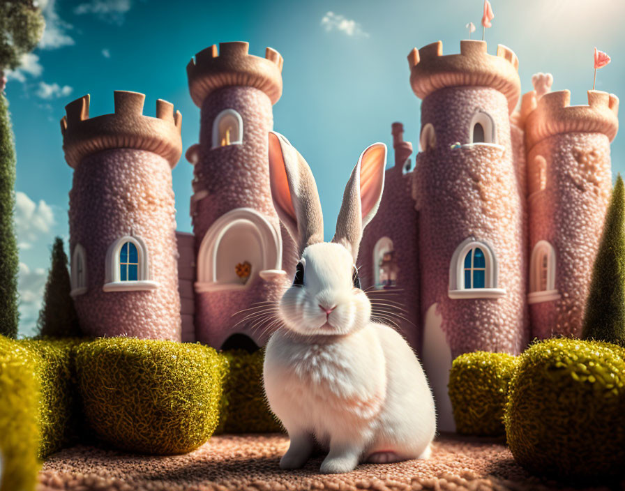 White rabbit on cobblestone path near whimsical pink castles