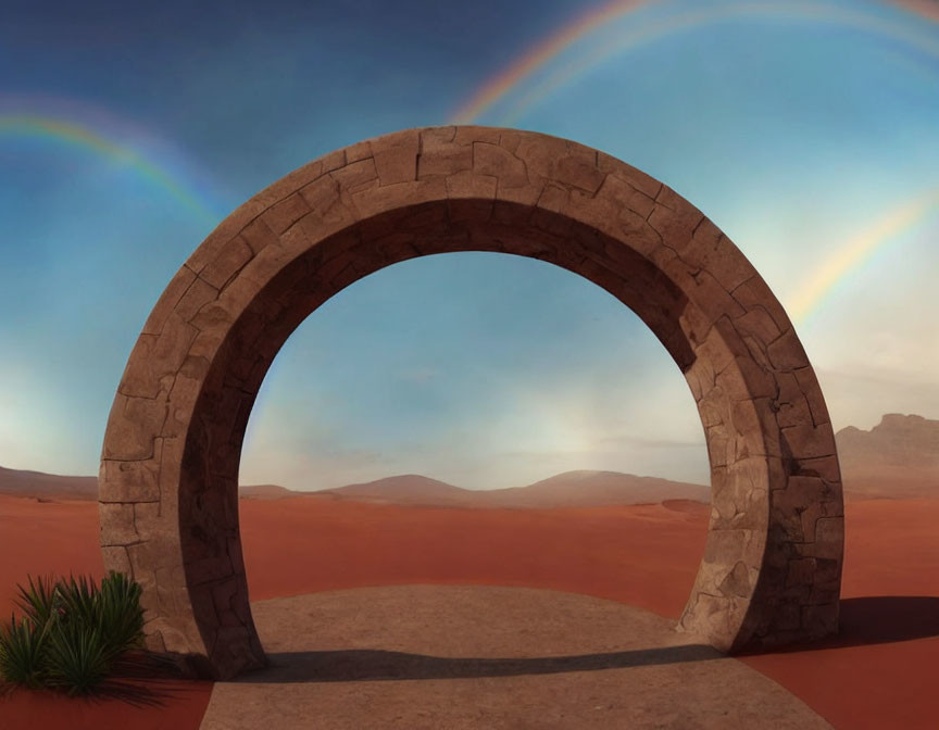 Stone archway in desert with sand dunes and double rainbow