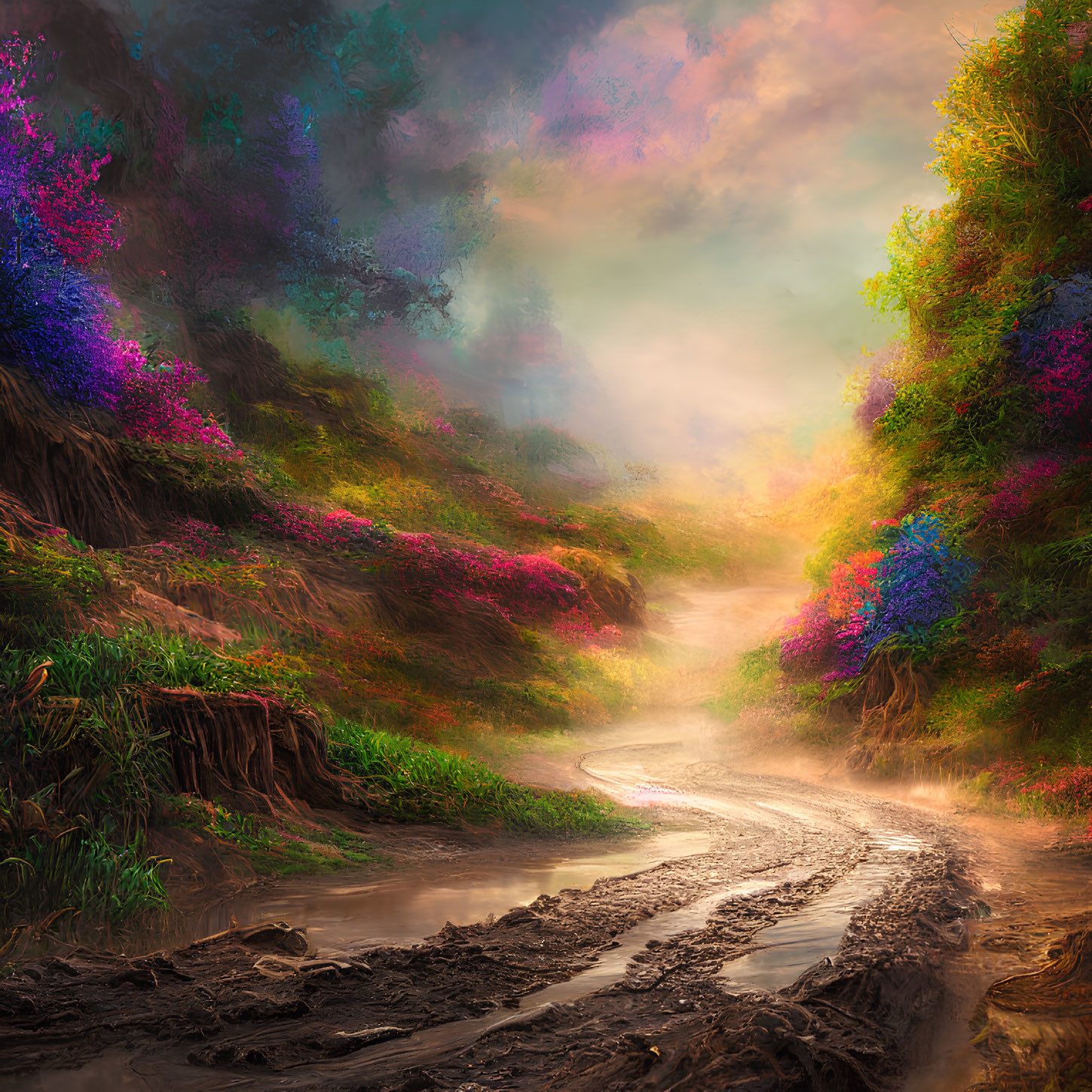 Colorful Flower-Laden Hills Landscape with Dirt Path