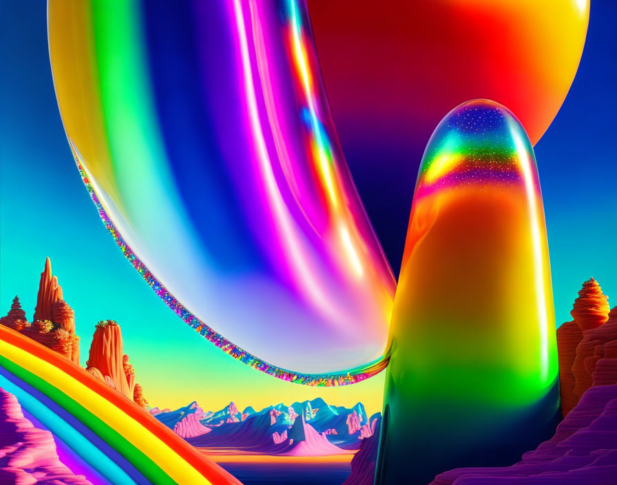 Colorful digital landscape with rainbow arch over stylized terrain