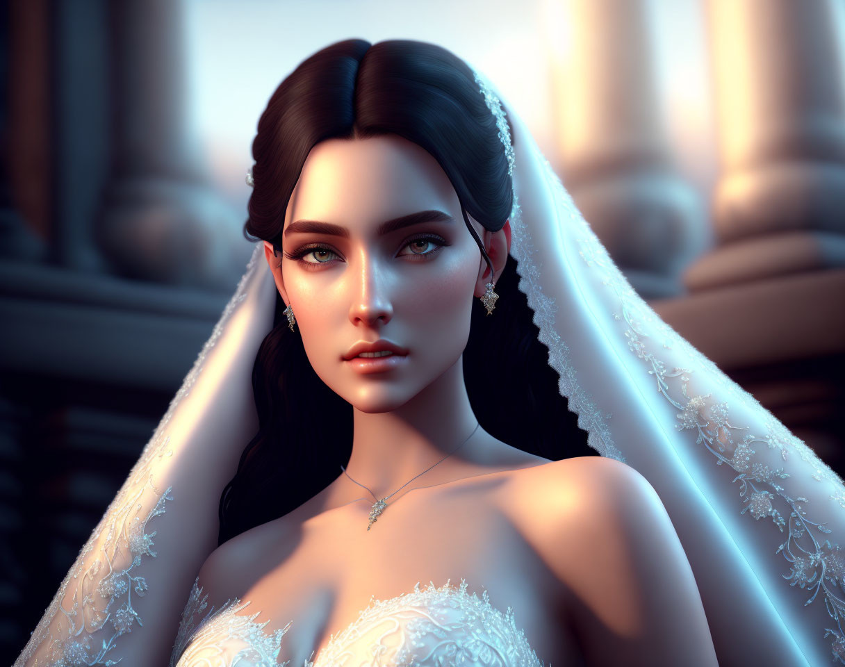 Dark-haired bride in white wedding dress against architectural backdrop