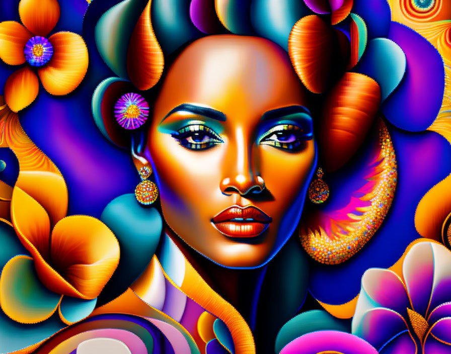 Colorful Digital Art: Woman with Flowers in Psychedelic Style