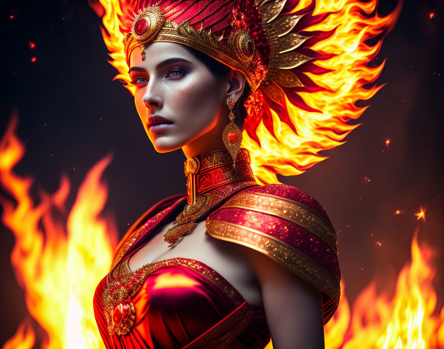 Digital artwork of woman with fiery phoenix motif and intense gaze