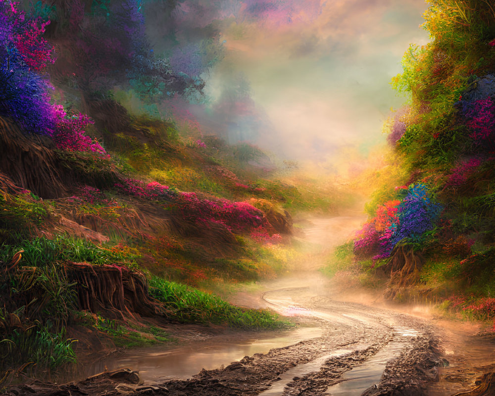 Colorful Flower-Laden Hills Landscape with Dirt Path