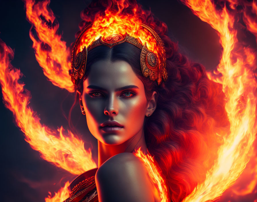 Woman in Golden Jewelry Surrounded by Flames