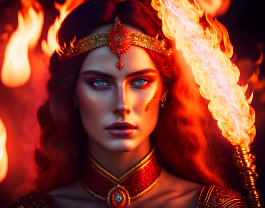 Woman with blue eyes and red hair engulfed in flames and gold jewelry