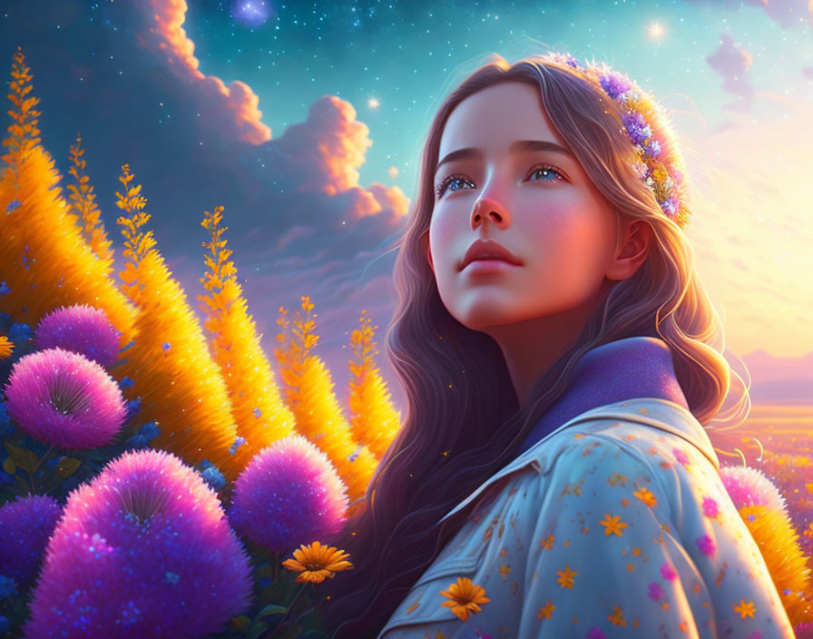 Portrait of girl surrounded by vibrant flowers under sunset sky