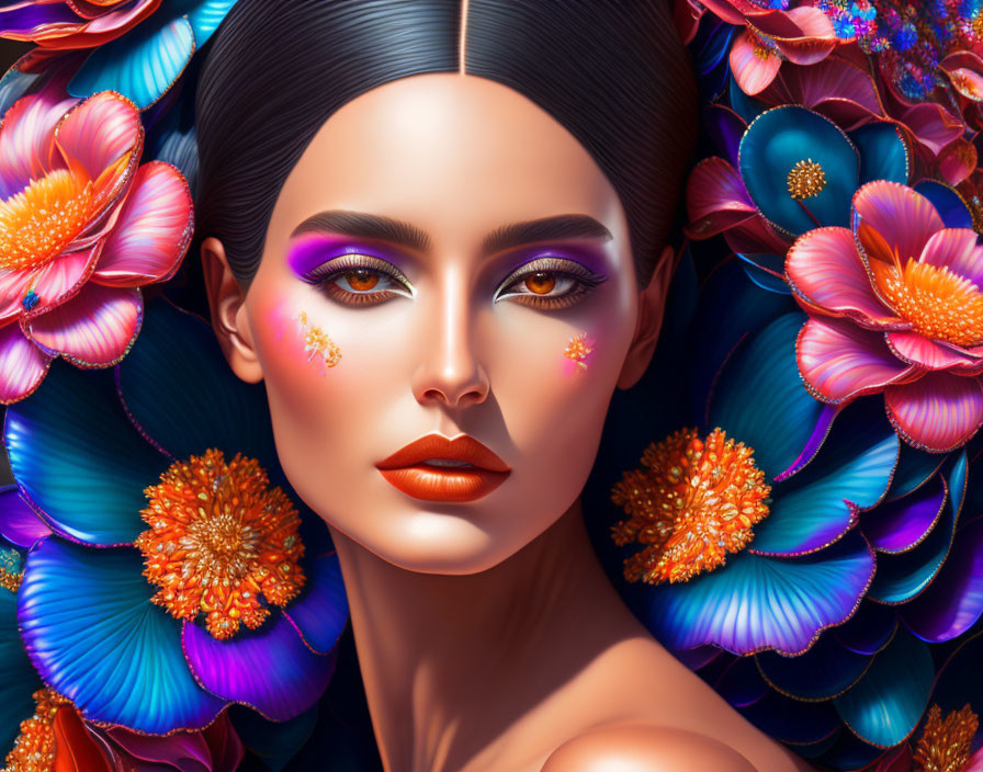 Colorful Woman with Vibrant Makeup and Stylish Flowers