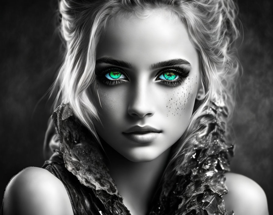 Monochrome portrait of a woman with green eyes, dramatic makeup, and freckles