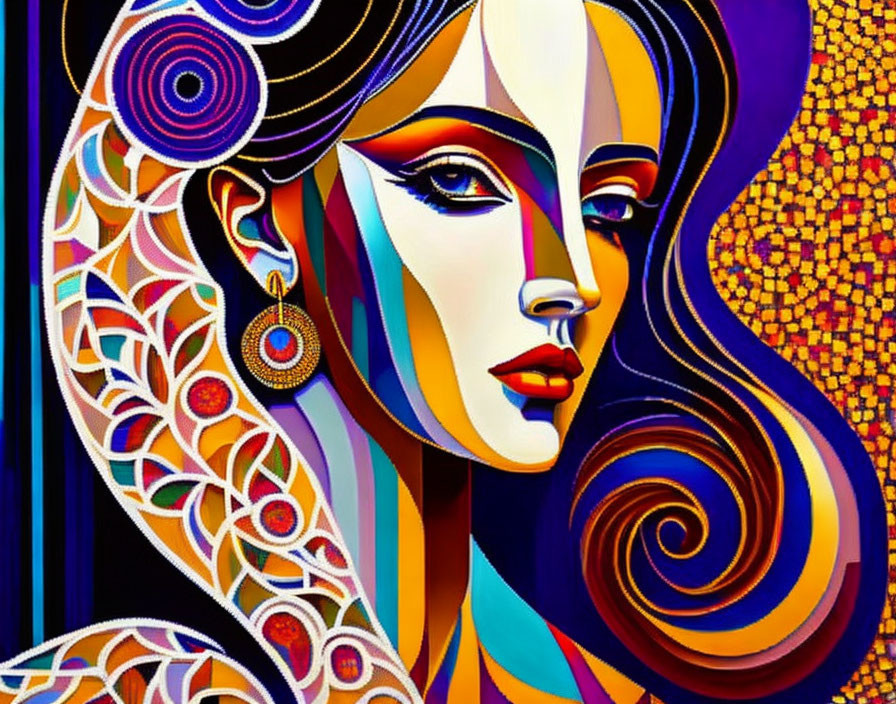 Vibrant Abstract Portrait of Stylized Woman with Swirling Designs