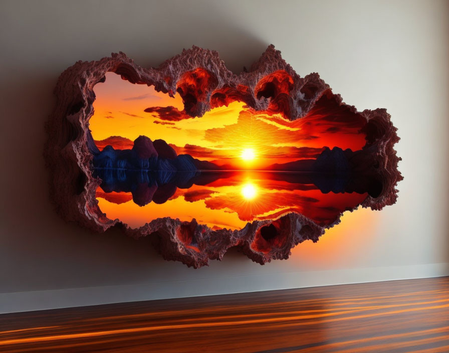 Abstract Sunset Over Water Wall Art with Orange and Red Sky