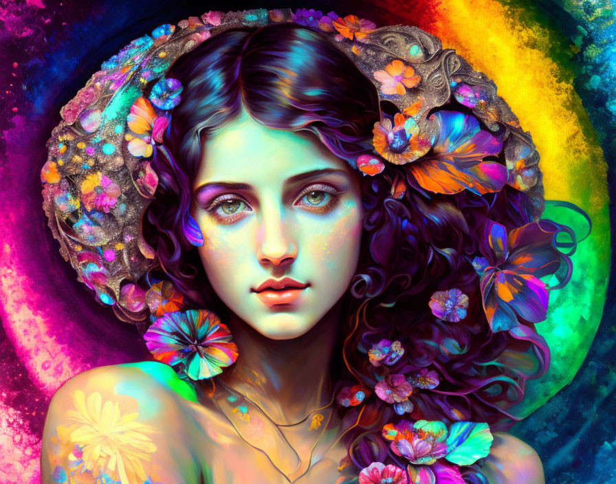 Colorful digital portrait of a woman with curly hair surrounded by butterflies and flowers on a psychedelic backdrop