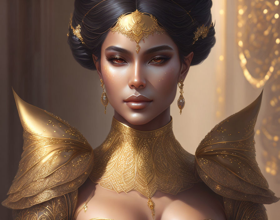 Fantasy-inspired digital artwork of a woman adorned with ornate gold jewelry