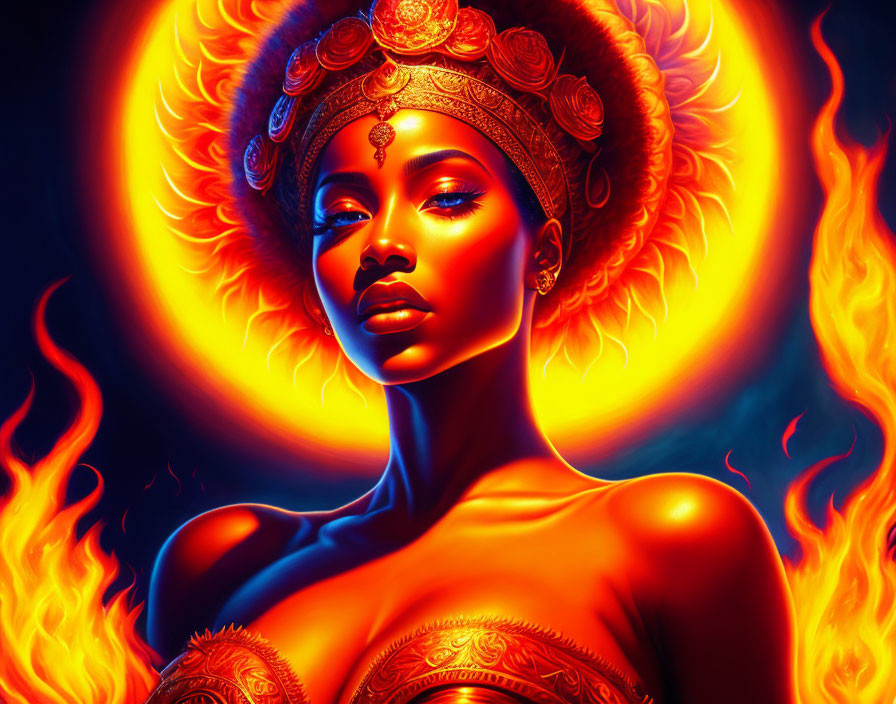 Digital artwork: Woman with fiery aura and ornate gold adornments against backdrop of flames