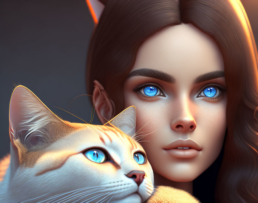 Digital illustration of woman and cat with matching blue eyes on warm background