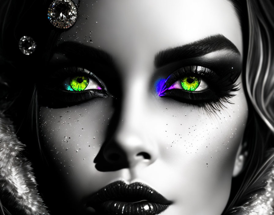 Grayscale portrait of a woman with multicolored eyes and dramatic makeup