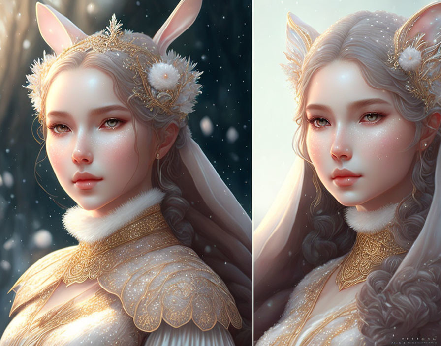 Digital Artwork: Woman with Fox Ears in Gold and Pearl Jewelry amid Falling Snowflakes