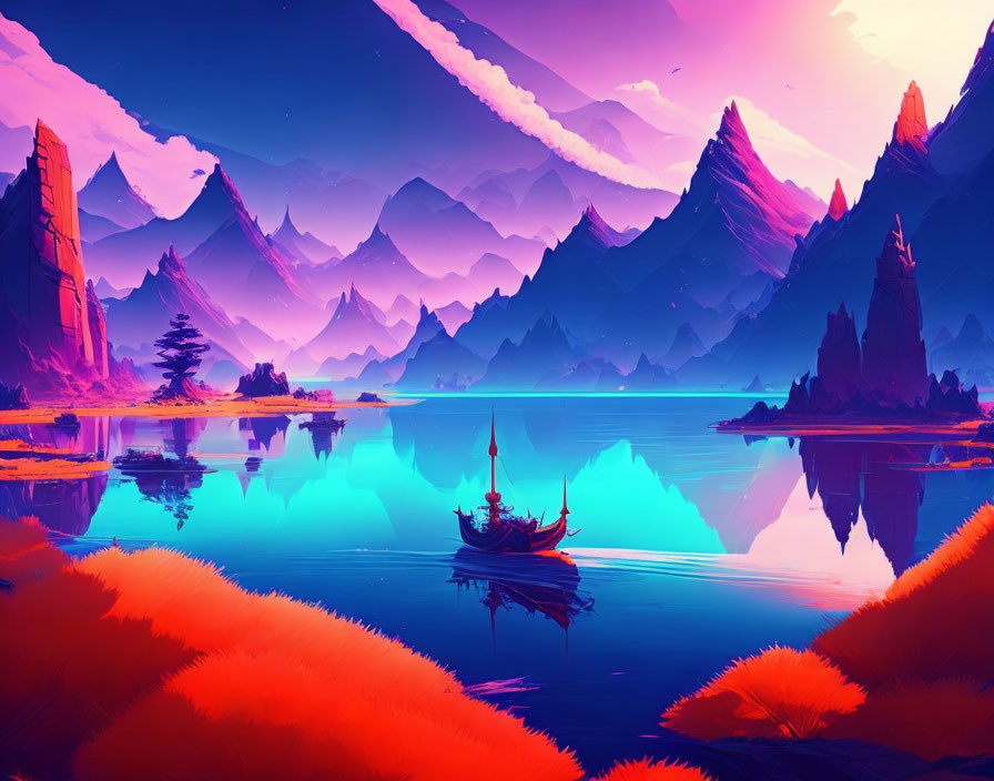 Colorful digital landscape with lake, boat, purple mountains, foliage, and pink sky