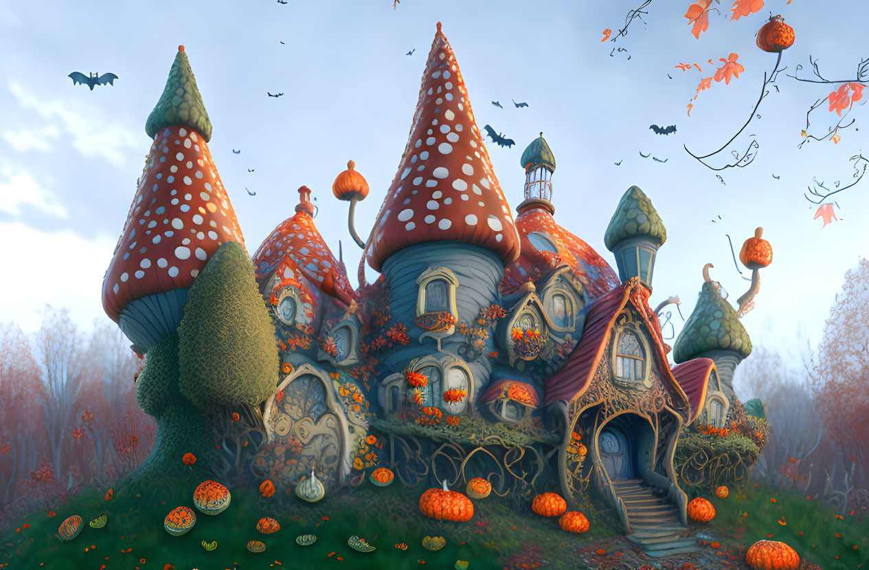 Enchanted autumn forest with whimsical mushroom houses, pumpkins, and flying bats