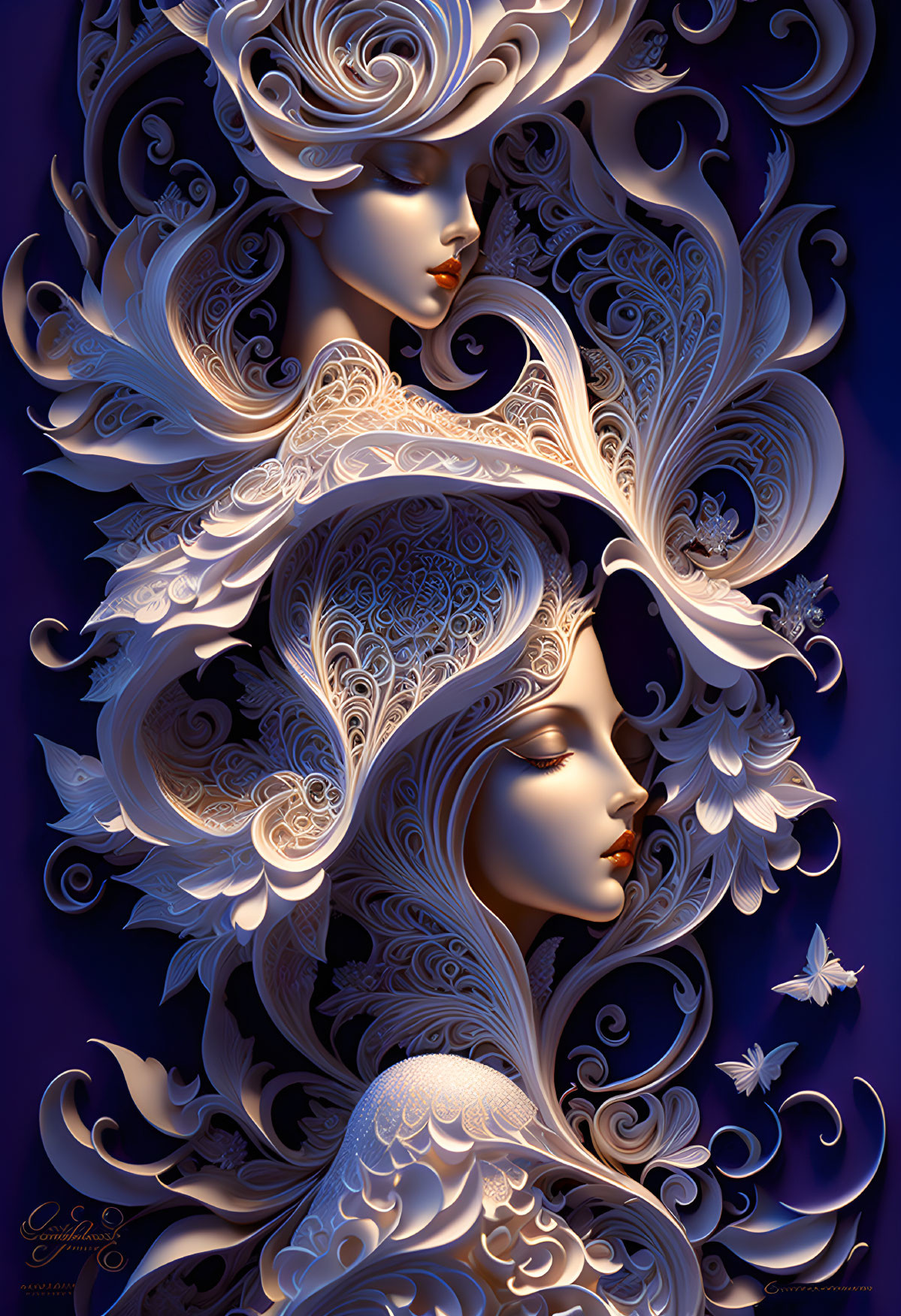 Intricate Artwork of Two Women with Elaborate Hair Designs