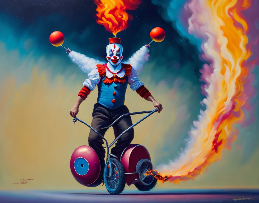 Colorful clown juggles balls on flaming unicycle amidst fiery backdrop