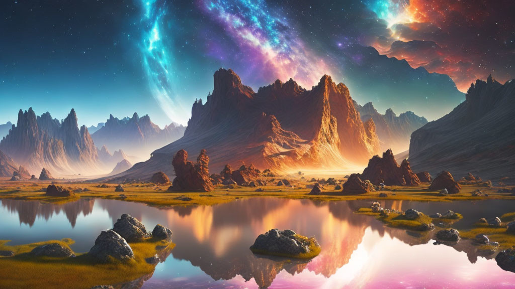 Rocky Peaks and Reflective Lake in Surreal Landscape
