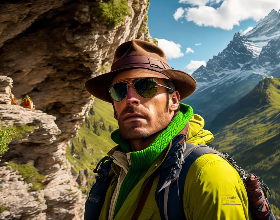 Man in sunglasses and hat on mountain trail with scenic views of peaks and valley