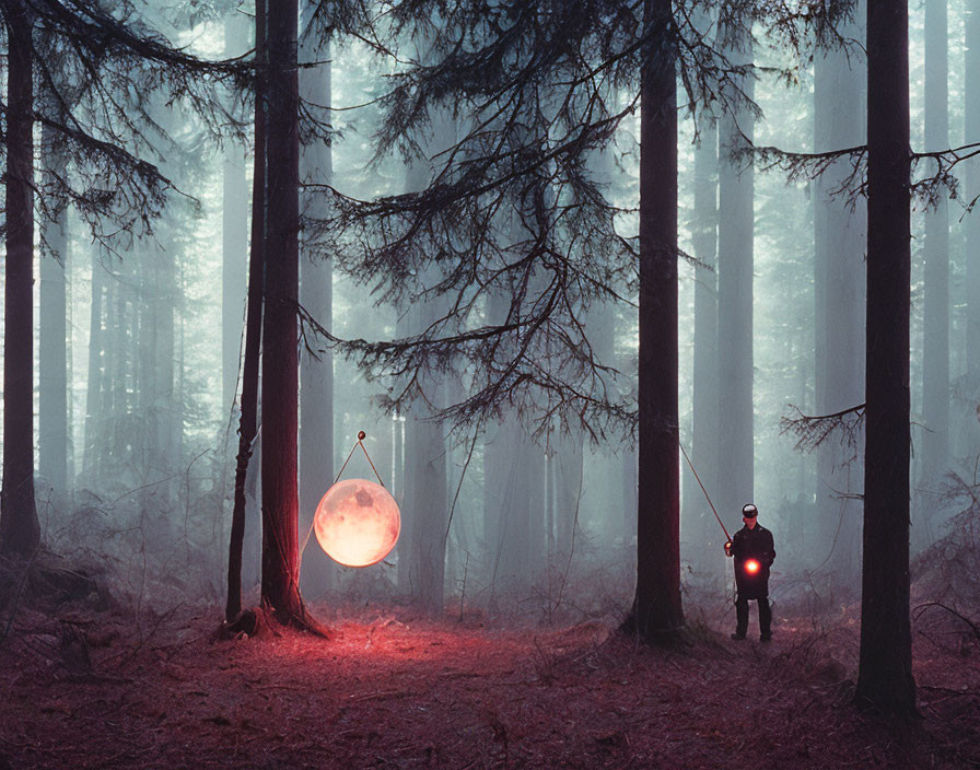Person in forest holding staff with glowing orb in foggy ambiance