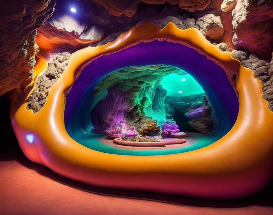 Colorful Underground Cave with Glowing Purple and Blue Interior