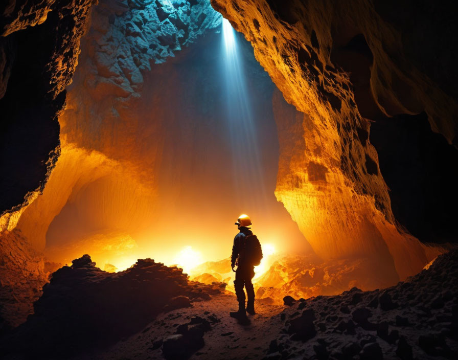 Spelunker in illuminated underground cavern with warm and cool hues