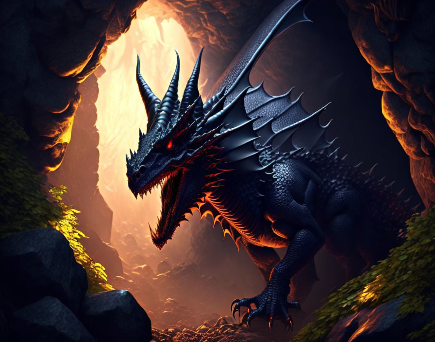 Black dragon with red eyes in fiery cavern.