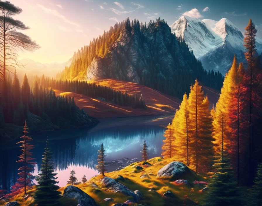 Tranquil landscape: blue lake, golden trees, snow-capped mountains