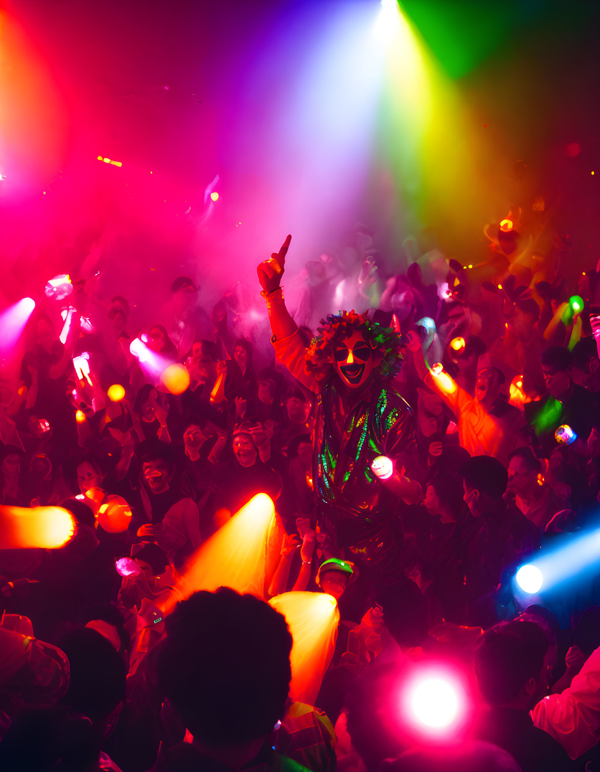 Colorful Clown Costume Party Scene with Crowd and Haze